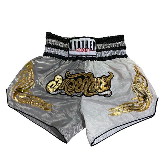 Another Boxer Youth Silver Boxing Shorts Size L Gold Embroidery Black Trim - Picture 1 of 8